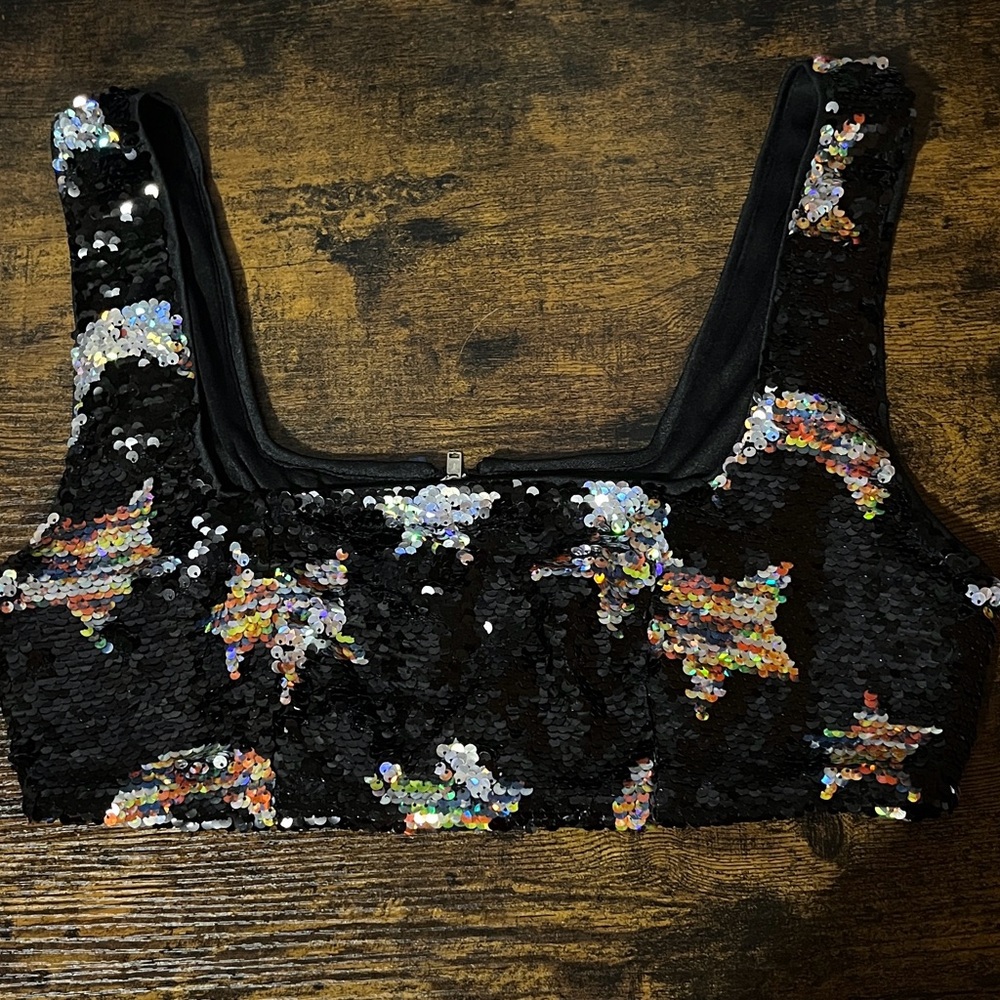 Nasty Gal Black Sequin Crop Top with Multicolor Iridescent Stars